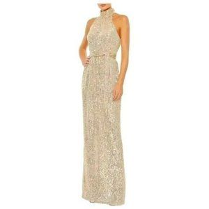 Mac Duggal Gold Sequins Halter Dress Backless Belted Maxi Formal Long Size 4 NWT